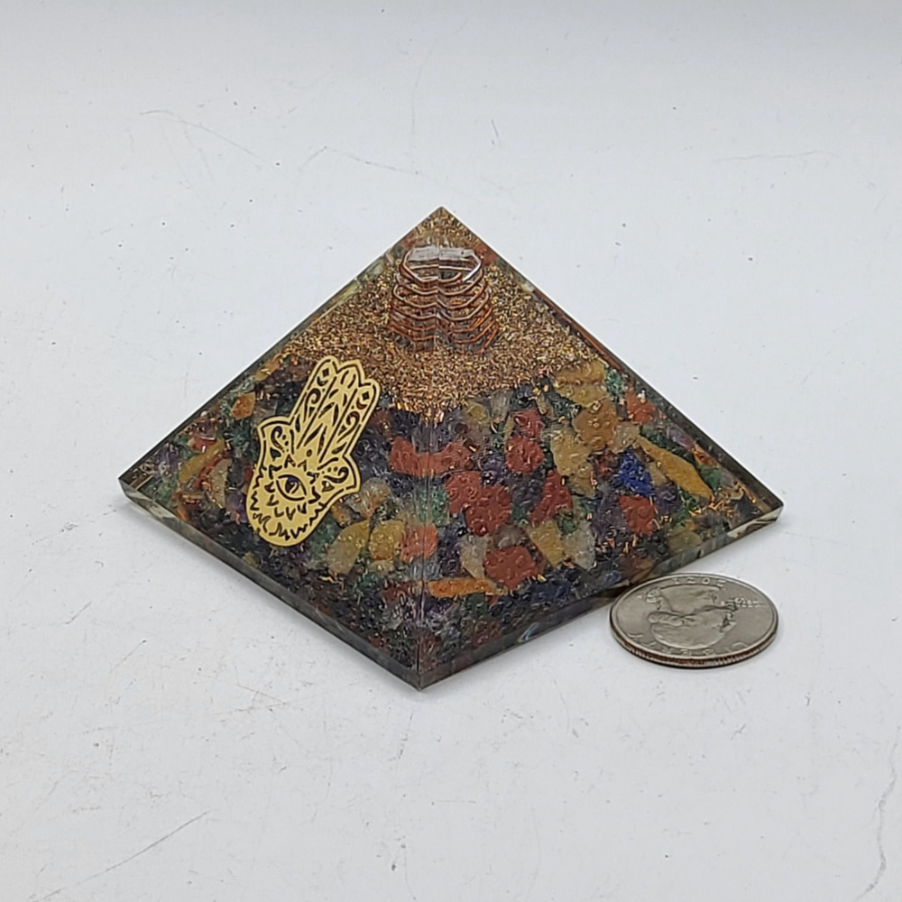 Mixed Gemstone Orgonite Pyramid with Golden Hamsa Hand Symbol Meditation Yoga